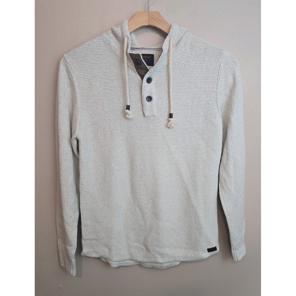 Outpost Makers Mens Knit Sweater Hooded Medium Cream w Leather Accents